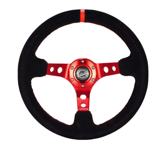 NRG Reinforced Steering Wheel (350mm / 3in. Deep) Blk Leather/Red Stitch w/Red Spoke