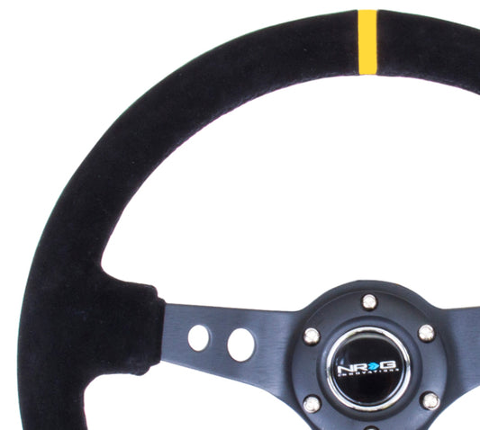 NRG Reinforced Steering Wheel (350mm / 3in. Deep) Blk Suede w/Circle Cut Spokes & Single Yellow CM