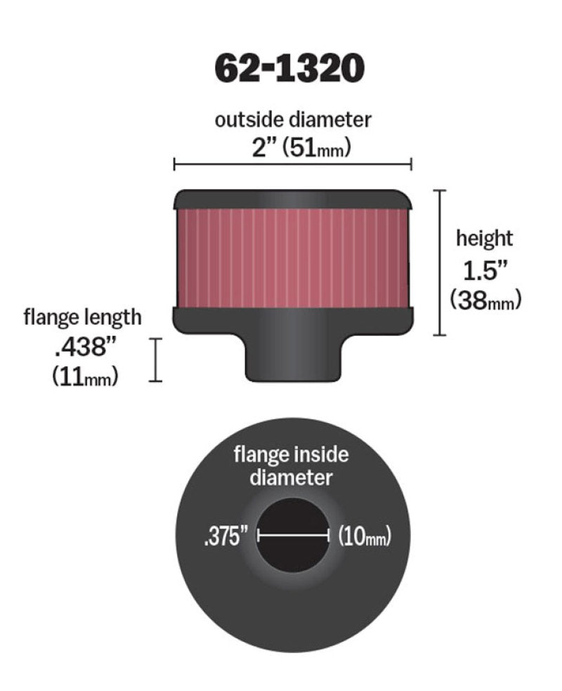 K&N Clamp On Rubber Base Crankcase Vent Filter 0.375in Flange ID x 2in OD x 1.5in Height