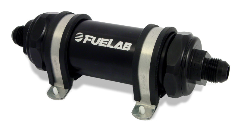 Fuelab 828 In-Line Fuel Filter Long -6AN In/Out 40 Micron Stainless - Black