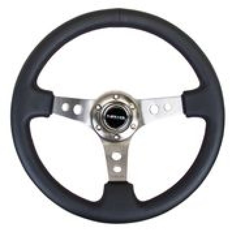 NRG Reinforced Steering Wheel (350mm / 3in. Deep) Blk Leather w/Gunmetal Circle Cutout Spokes