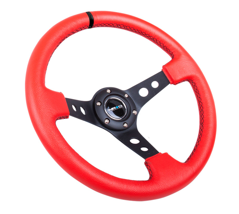 NRG Reinforced Steering Wheel (350mm / 3in. Deep) Red Suede w/Blk Circle Cutout Spokes